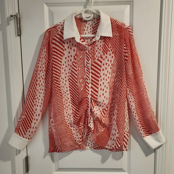 Patrizia Luca Milano Red White Mixed Print Button Down Blouse Long Sleeve Size M - Picture 2 of 6
